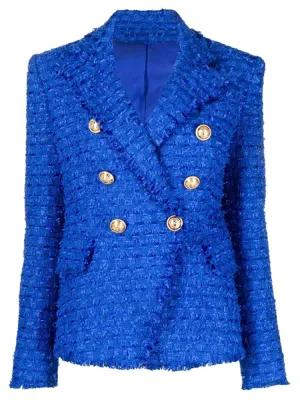 Womens Classic Slim Fitting Double Breasted Lion Buttons Fringed Tweed Blazer