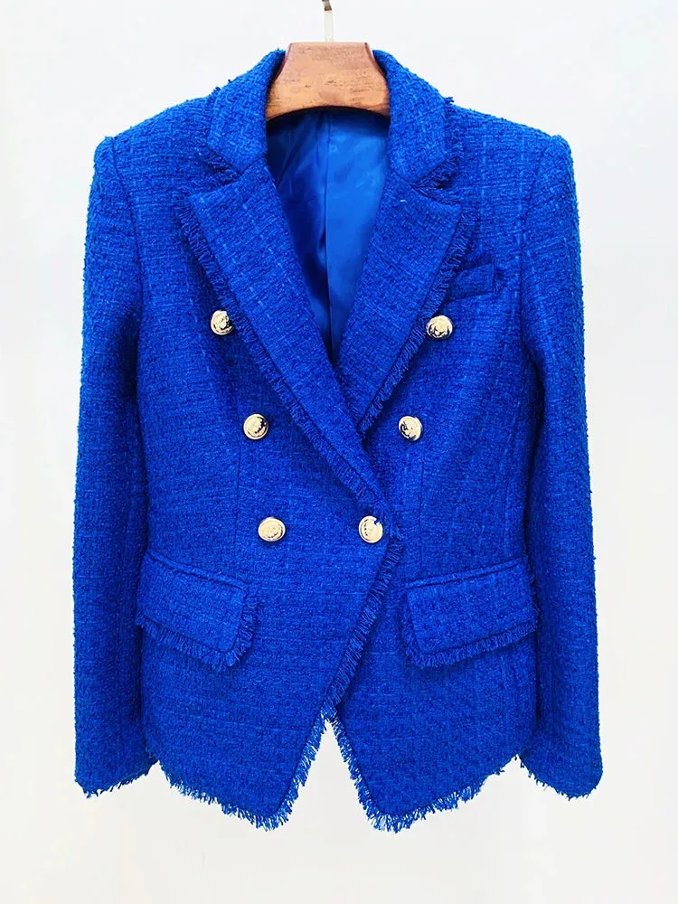 Womens Classic Slim Fitting Double Breasted Lion Buttons Fringed Tweed Blazer