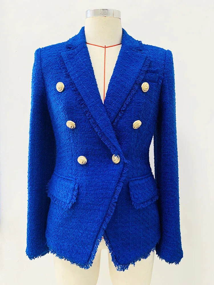Womens Classic Slim Fitting Double Breasted Lion Buttons Fringed Tweed Blazer