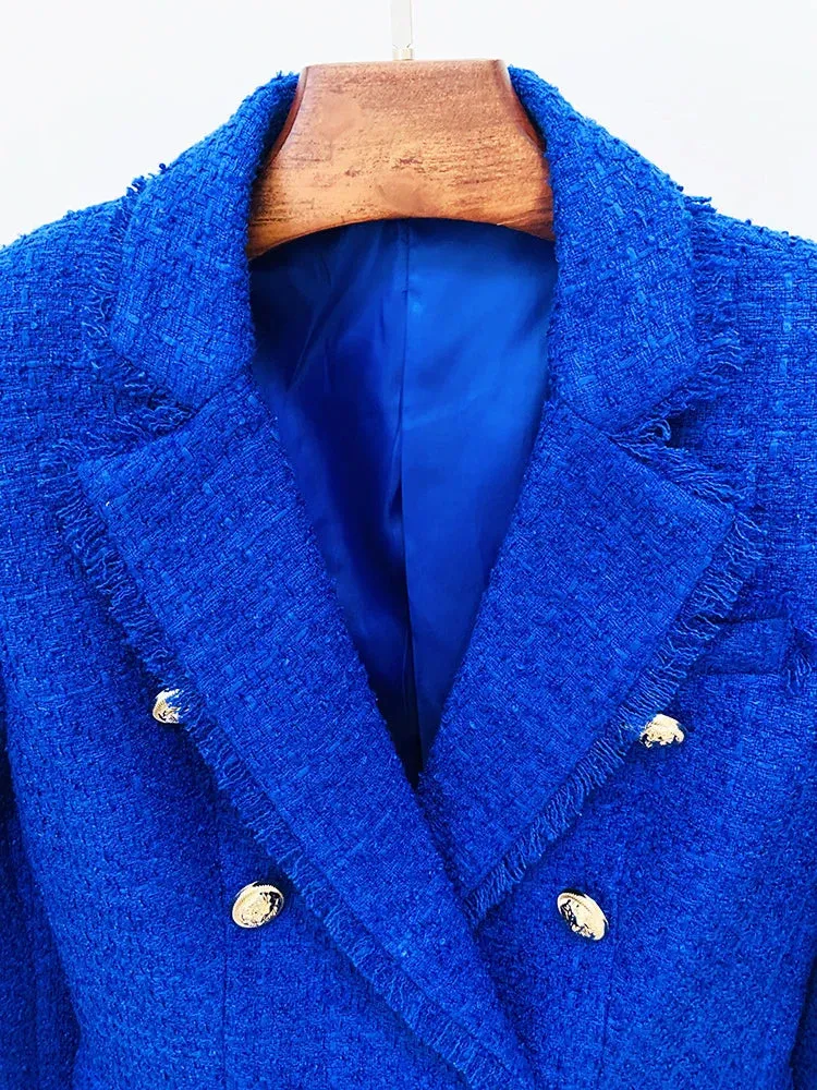 Womens Classic Slim Fitting Double Breasted Lion Buttons Fringed Tweed Blazer