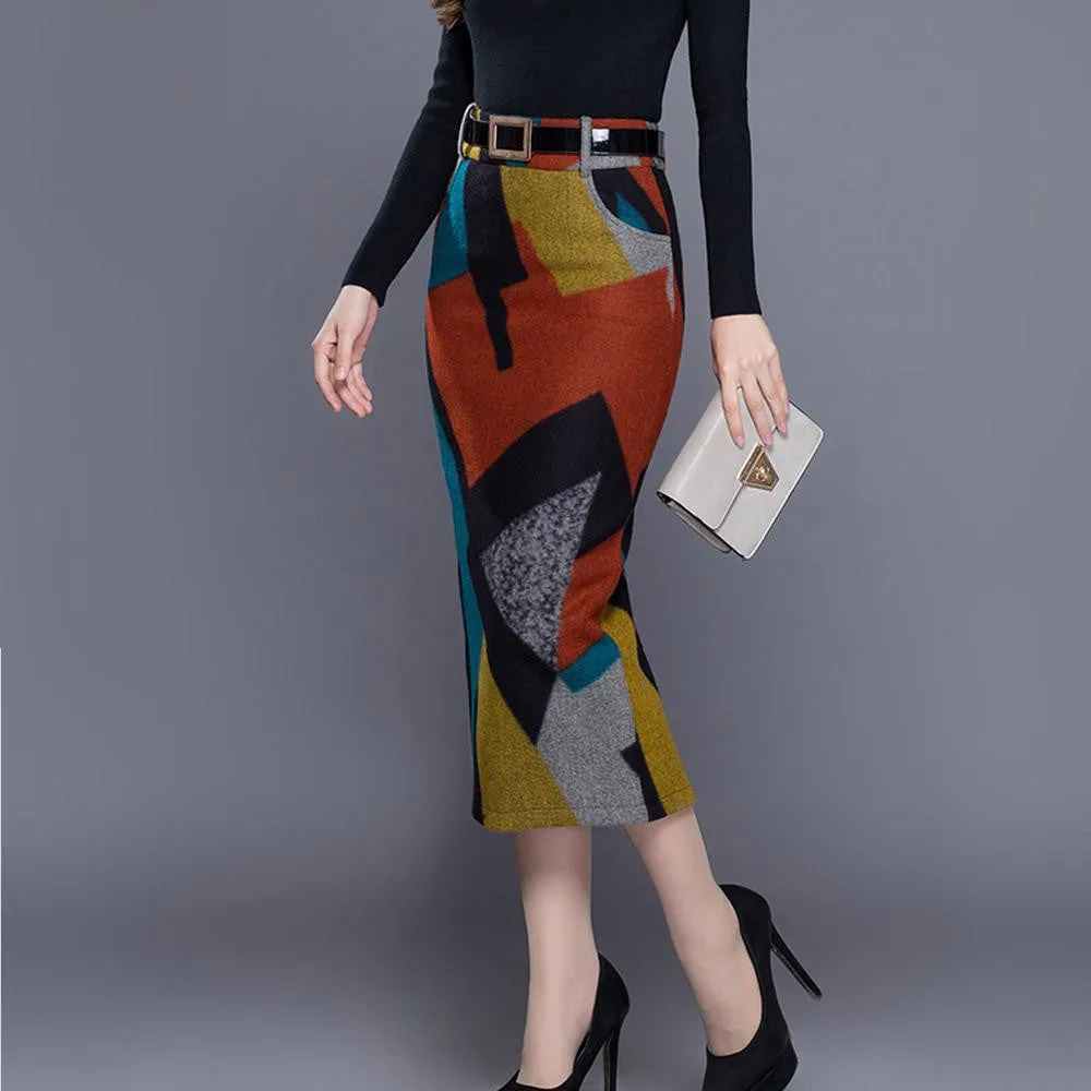 women's large size woolen skirt female high waist Slim was thin long skirt ladies office wild casual skirts