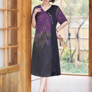 Women's Loose-Fit Dress with Vintage Charm and Silk Fabric