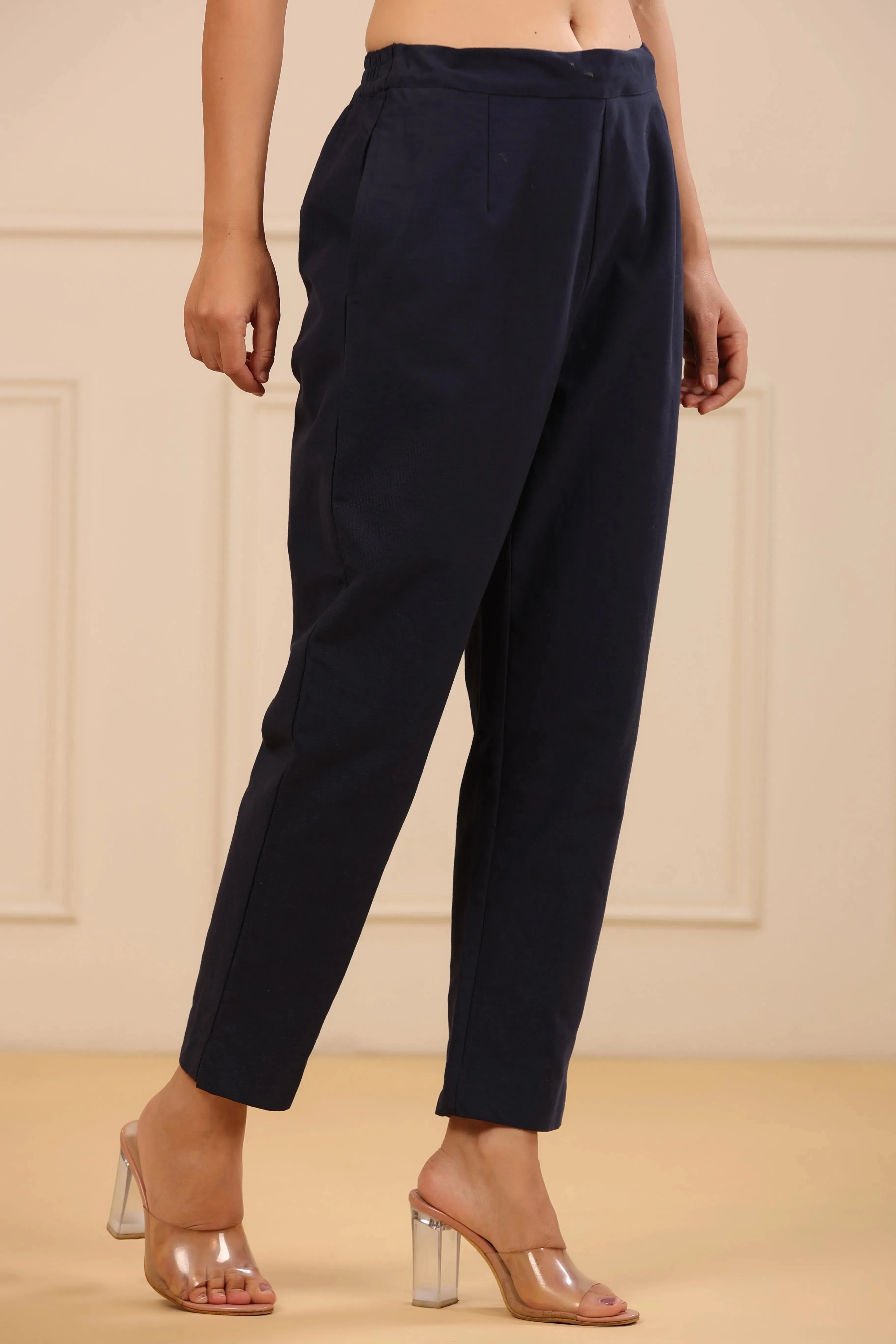 Women's Navy Cotton Twill Solid Straight Pant/Slim Pant