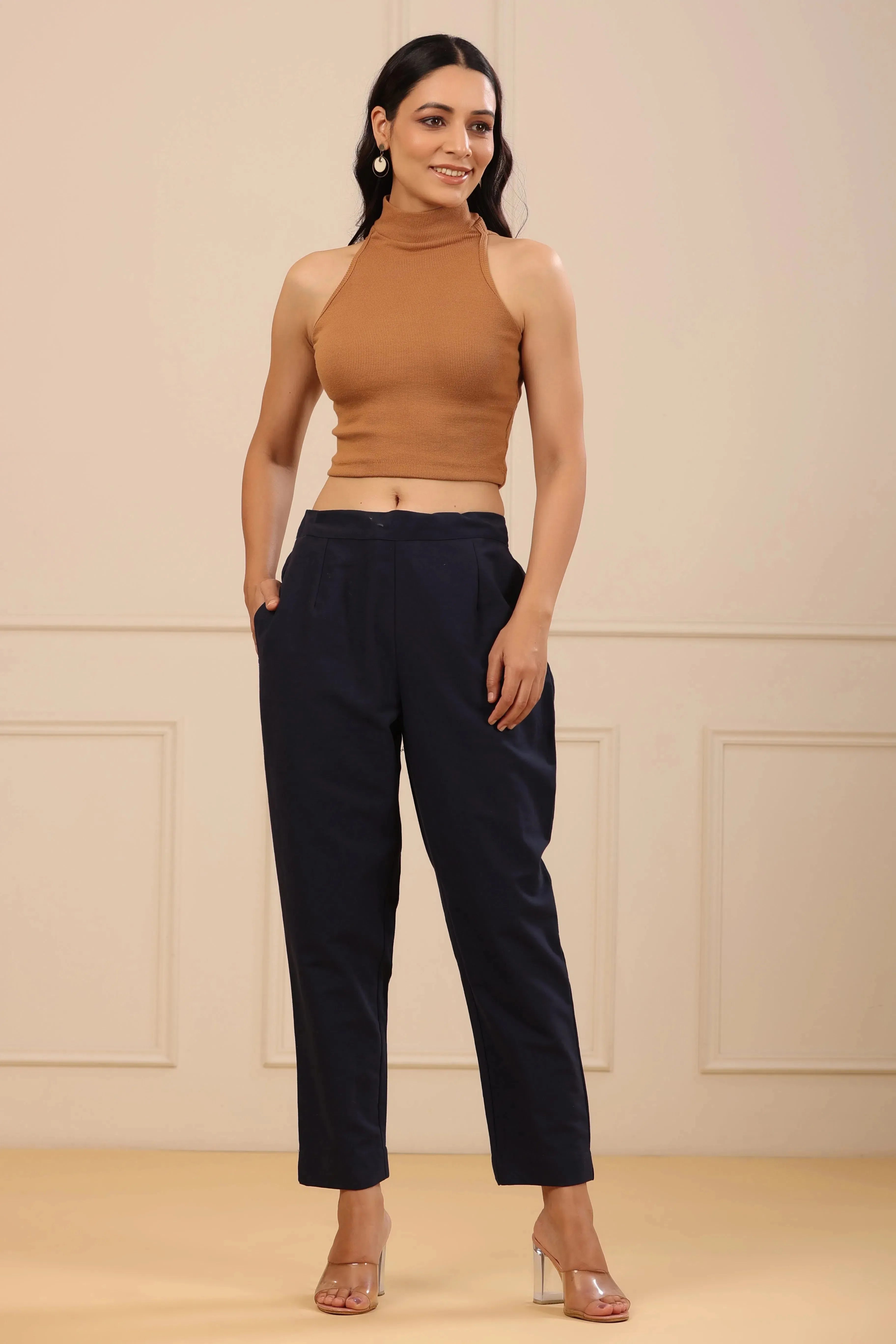 Women's Navy Cotton Twill Solid Straight Pant/Slim Pant