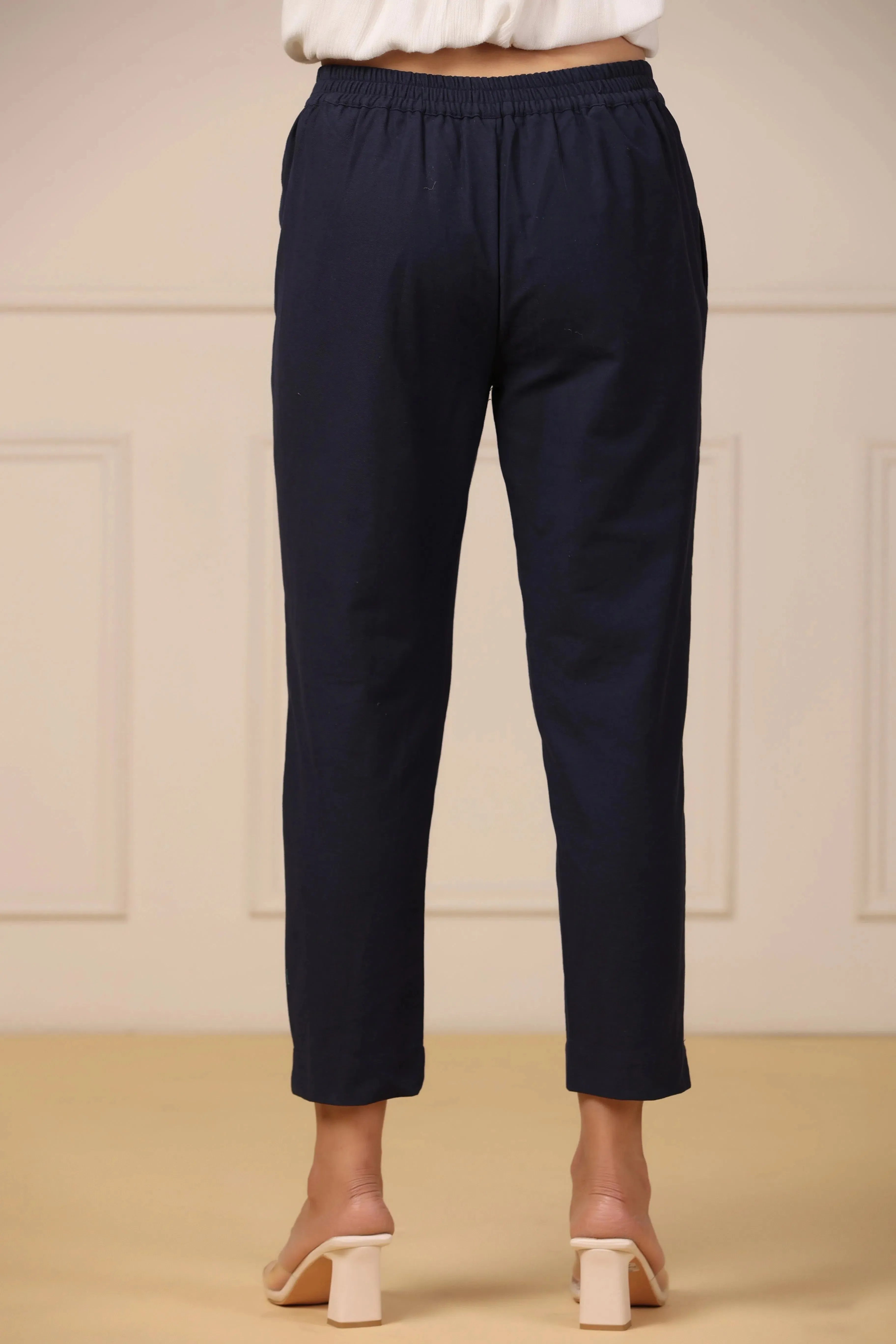 Women's Navy Cotton Twill Solid Straight Pant/Slim Pant
