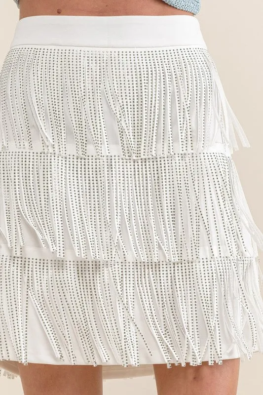 Women's Rhinestone Suede Fringe Mini Skirt