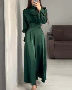 Women's Stylish High Neck Long Sleeve Fitted Waist Dress | Maxi