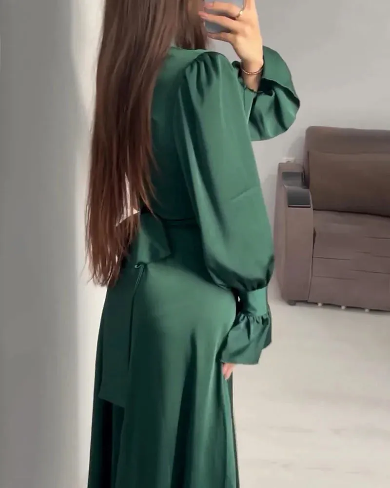 Women's Stylish High Neck Long Sleeve Fitted Waist Dress | Maxi