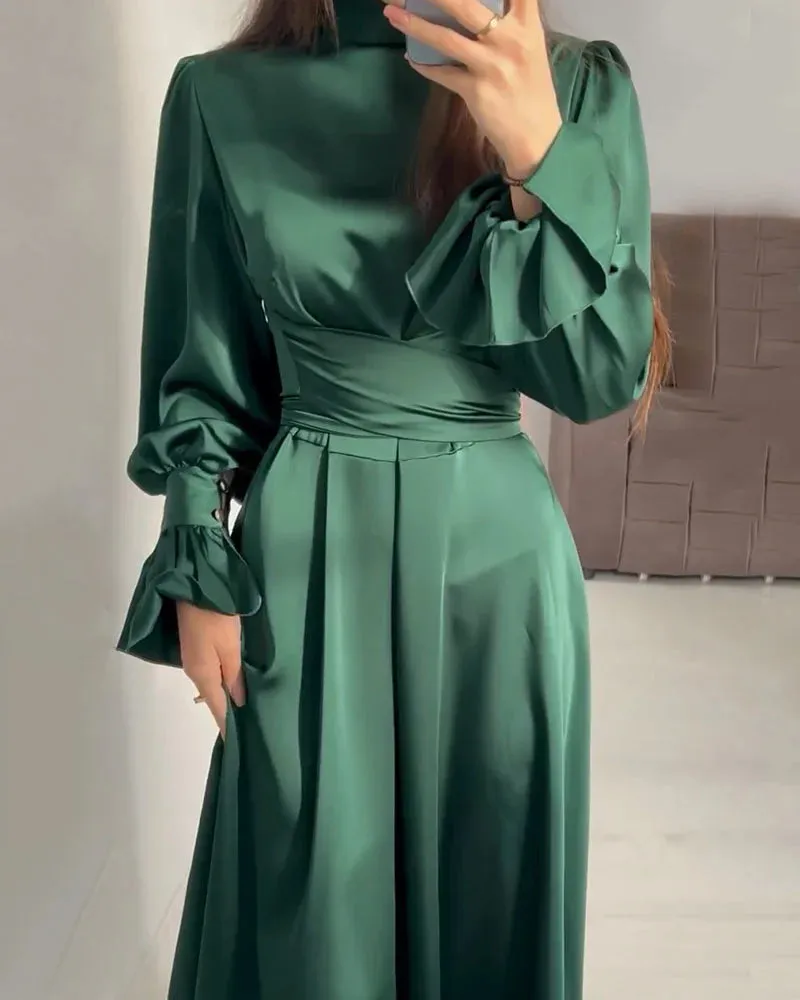 Women's Stylish High Neck Long Sleeve Fitted Waist Dress | Maxi