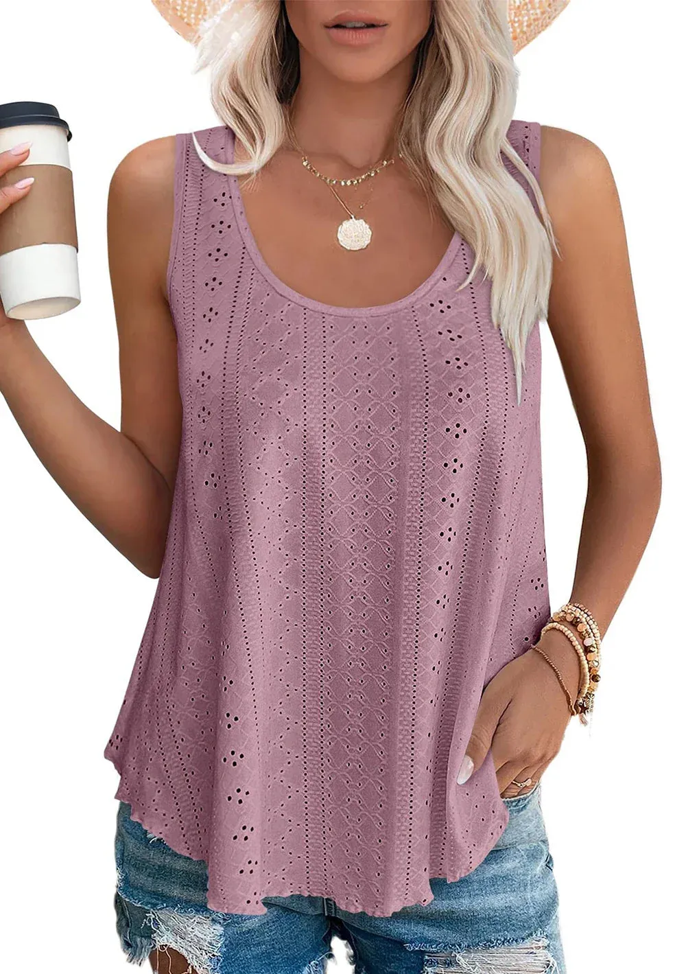 Womens Tank Tops U Neck Casual Vest Dolphin Hem Casual Flowy Summer Sleeveless Tunic Tshirts