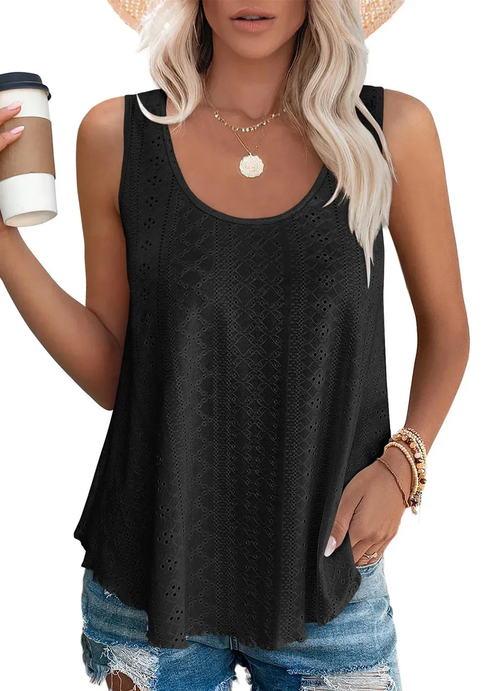 Womens Tank Tops U Neck Casual Vest Dolphin Hem Casual Flowy Summer Sleeveless Tunic Tshirts
