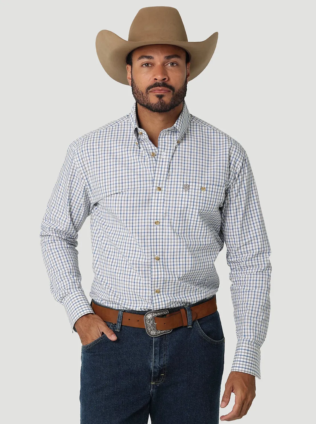 Wrangler George Strait Long Sleeve One Pocket Plaid Button Down in Honorable Blue